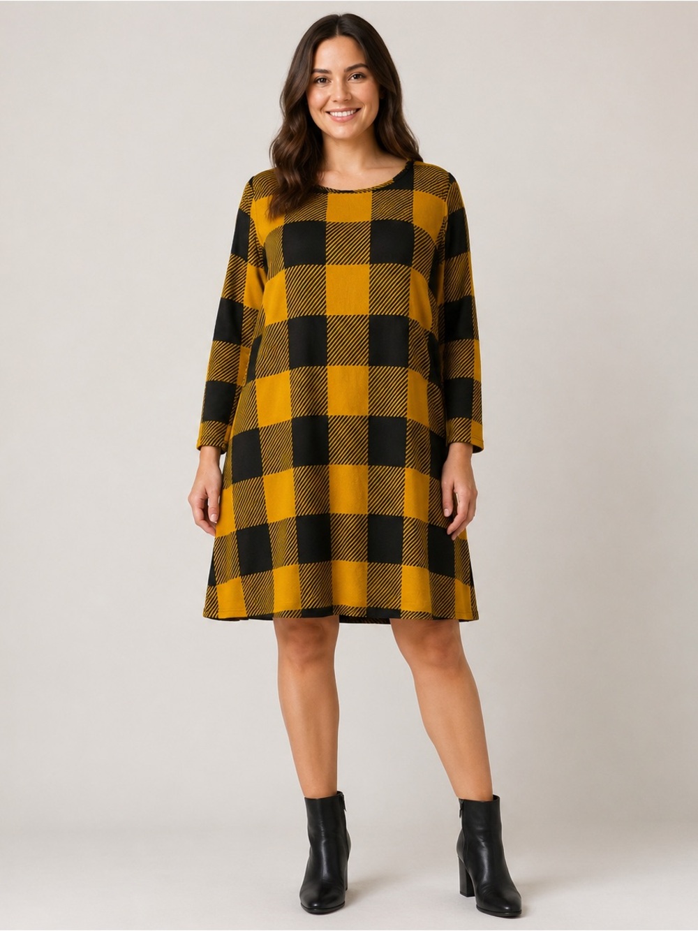Buffalo Check Long-Sleeve Swing Dress in Mustard and Black